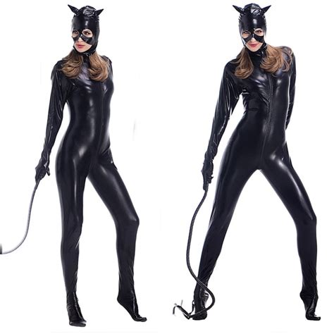 Sexy Catwoman Costume Women Black Faux Leather Catsuit Jumpsuit Cat Lady Zipper Bodysuit With