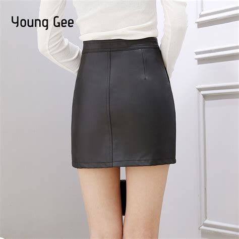Young Gee Pu Leather Pencil Skirts Empire Waist Spring Autumn Blue Faux Leather Bodycon Office