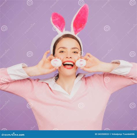 Bunny Rabbit Girl With Easter Egg Woman In Rabbit Ears Egg Hunt