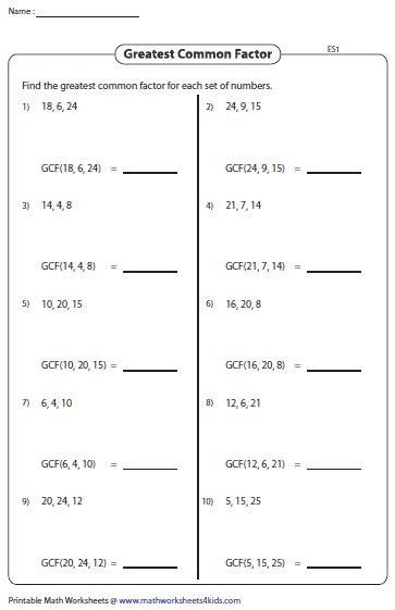 Greatest Common Factor With 3 Numbers Worksheets