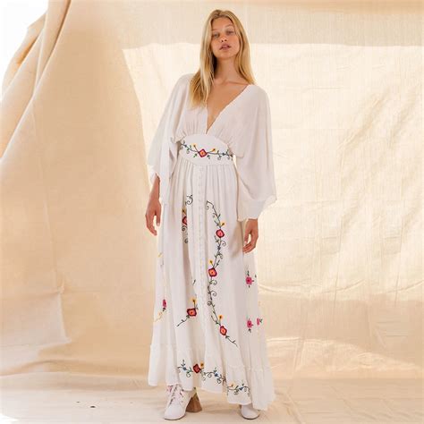 Jastie Floral V Neck Embroidered Maxi Dress Button Front Boho Beach