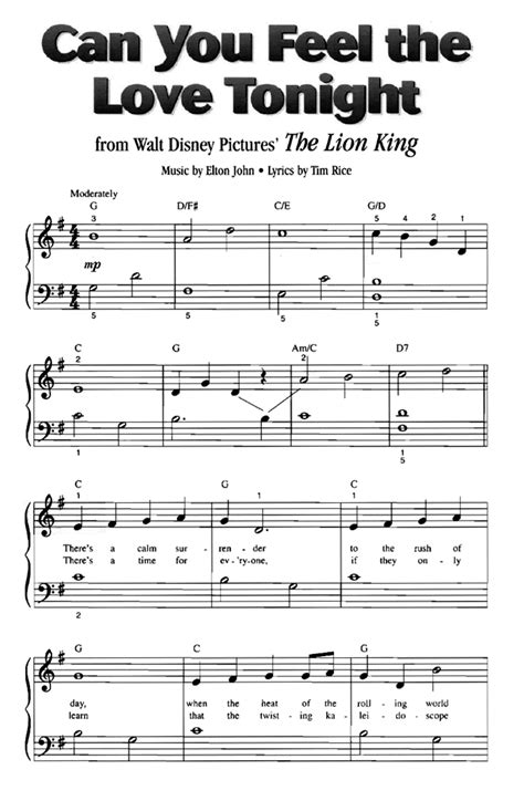 Disney Can You Feel The Love Tonight Easy Piano Sheet Music Easy