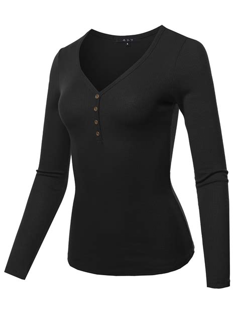 A2y Womens Lightweight Long Sleeve V Neck Thermal Henley Tops Tees Black L