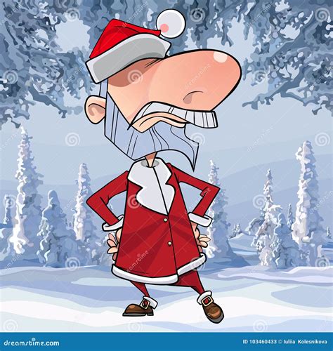 Cartoon Angry Santa Claus Stands With Arms Akimbo In The Winter Forest
