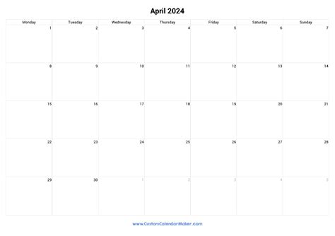 April 2024 Monday Start Calendar Monday To Sunday