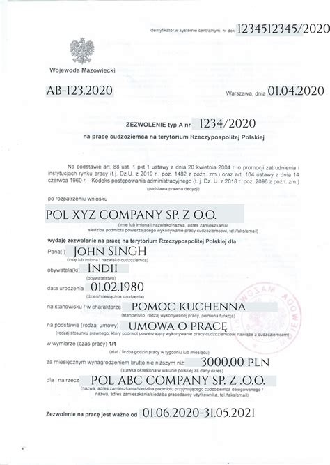 No permit will be issued without proof of age, a permission form from the parent or legal guardian, and a. Document of Work Permit in Poland type A - explain with sample