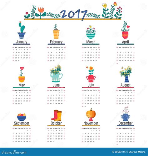 Cute Calendar Template For 2017 Beautiful Funny Illustrations Flowers
