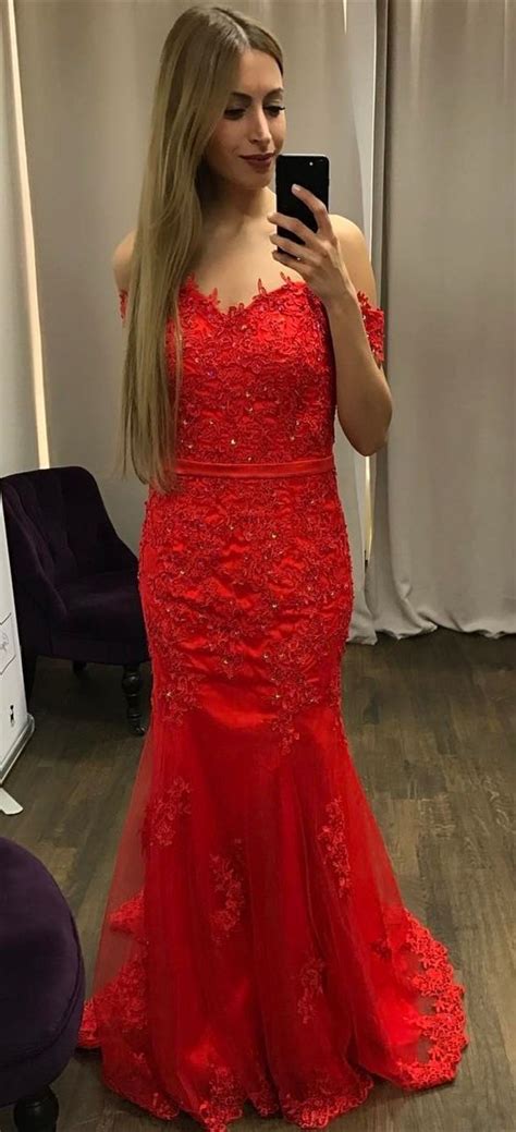 Elegant Off The Shoulder Red Prom Dress With Appliques Bodycon Mermaid
