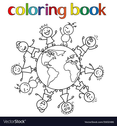 Children Around Globe For Coloring Book Royalty Free Vector