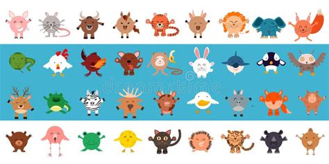 A Large Set Of Round Shaped Animals Vector Illustration Stock
