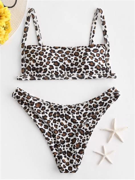 50 Off 2020 Zaful Animal Print Ribbed Bikini Set In Leopard Zaful