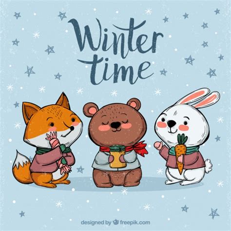 Winter Background With Cute Animals Free Vector