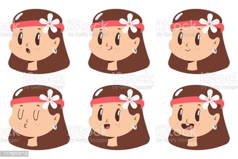 Cute Hippie Girl Face With Expressions Vector Cartoon Set Isolated On A