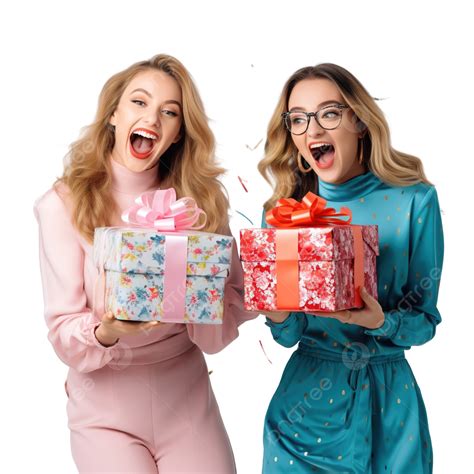 caucasian couple girls friends is surprising with big t boxes in christmas and birthday party