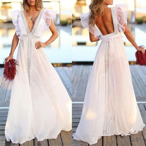 Summer Women Boho Floral Long Maxi Dress V Neck Lace Sleeve Backless Beach Party Dresses White