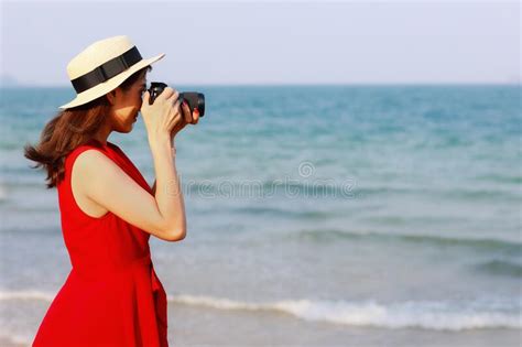 Woman Taking Photo On Beach Stock Image Image Of Beach Holiday