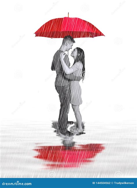 Concept Image Of Couple In Love Standing Under Large Red Umbrella While