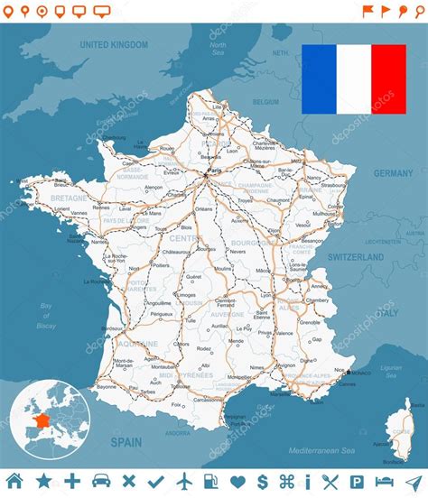 Vakantietips voor alle regio's van frankrijk. Frankrijk kaart, vlag, navigatie labels, wegen ...