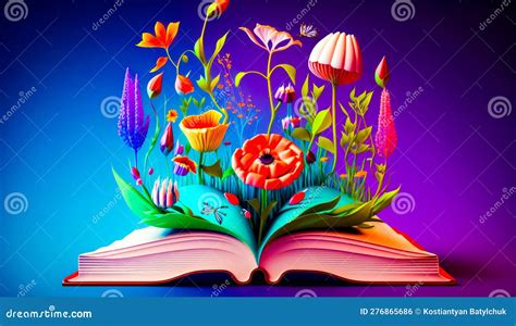 Open Book With Colorful Flowers And Butterflies Flying Out Of It On