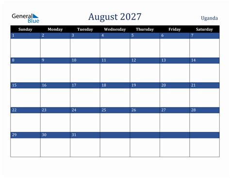 August 2027 Uganda Holiday Calendar