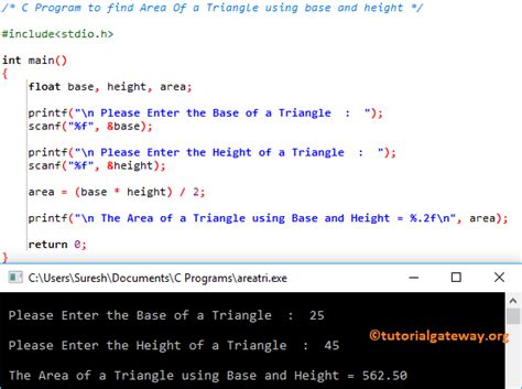 C Program To Find Area Of A Triangle Using Base And Height