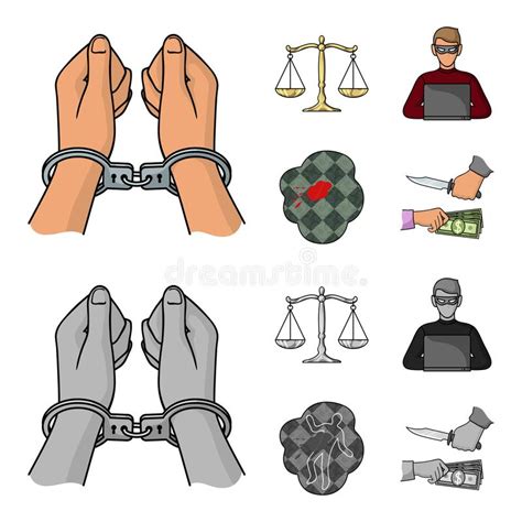 Handcuffs Scales Of Justice Hacker Crime Scenecrime Set Collection Icons In Cartoon