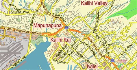 Honolulu Oahu Hawaii Us Pdf Vector Map City Plan Low