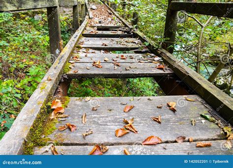 Old Broken Wooden Bridge With Holes Dangerous Walking Path Stock Image