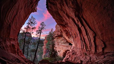 Trees And Sky Seen Through Cave At Sunset Red Rock State Park Sedona