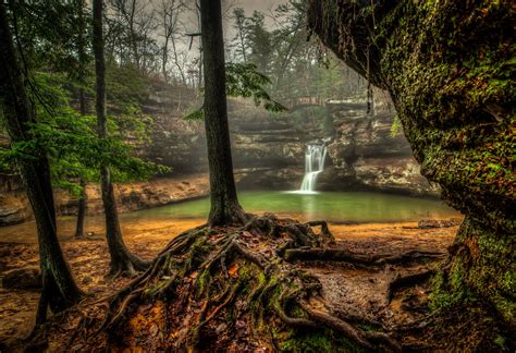Waterfalls Usa Trees Hdr Upper Falls Old Mans Cave Hocking Hills State