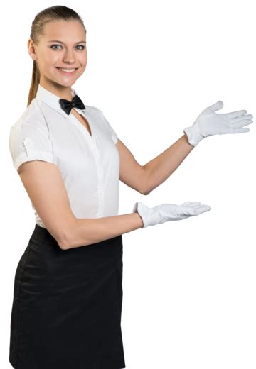 Waitress Standing Half Turned And Smiling Blouse Holding Smiling