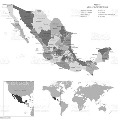 Meksiko Peta Hitam Dan Putih Yang Sangat Rinci Ilustrasi Stok Unduh