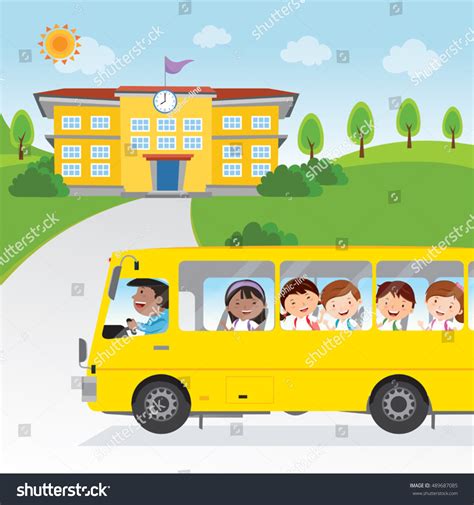 Children Going School By Bus Vector Stock Vector Royalty Free