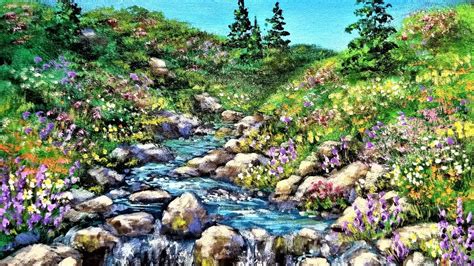 Stream With Wildflowers Landscape Acrylic Painting Live Instruction