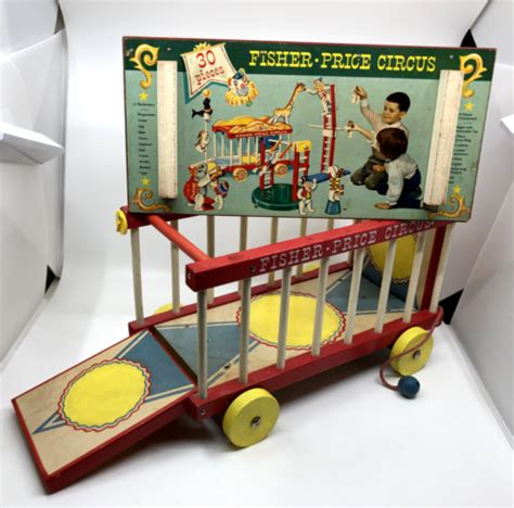 1963 Vintage Fisher Price Wooden Circus Wagon 19 Figures 4 Ladders