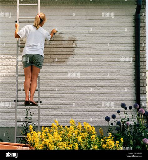 A Scandinavian Woman Standing On A Ladder Painting A House