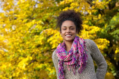 Beautiful Young Black Woman Smiling Outdoors In Autumn 961015 Stock