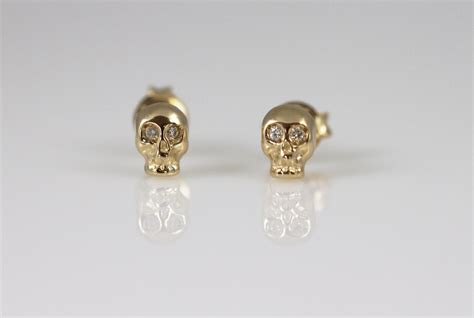 14k Solid Gold Skull Stud 14k Skull Earrings Skull Diamond