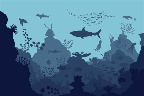 Silhouette Of Coral Reef With Fish On Blue Sea Background Underwater