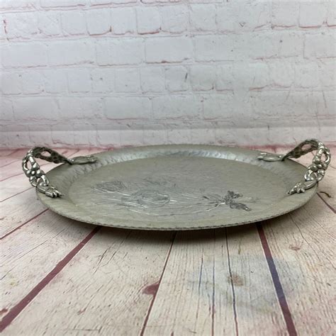 Vintage Large Hammered Aluminum Tray With Etched Tulips And Etsy