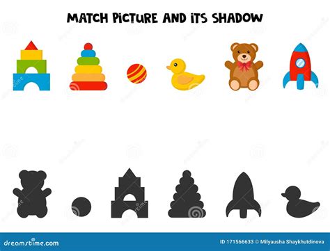 Match Picture And Its Shadow Printable Game For Kids Stock Vector