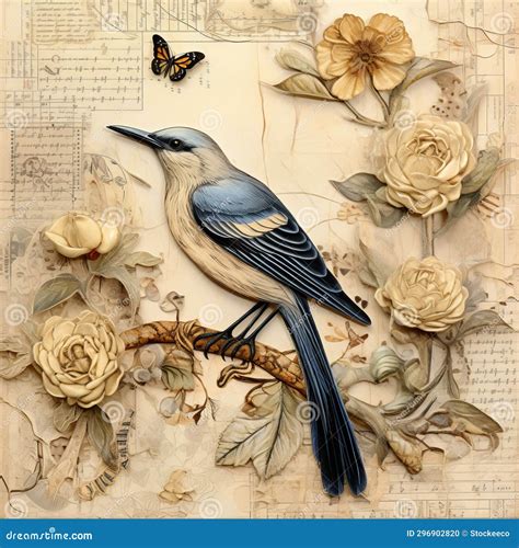 Art Nouveau Wall Art Blue Bird Holding Roses Amidst Paper Stock