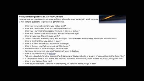 You may think your girlfriend is awesome, but have you ever wondered if it's true? RANDOM QUESTIONS TO ASK YOUR GIRLFRIEND - YouTube