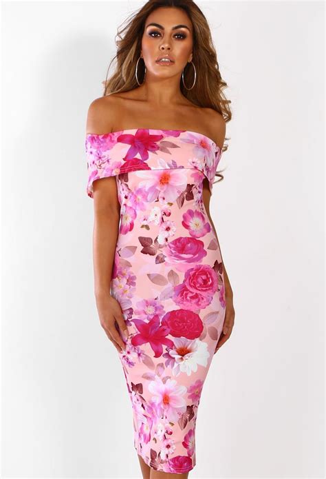 Pure Infatuation Pink Floral Bardot Bodycon Midi Dress Dresses Midi