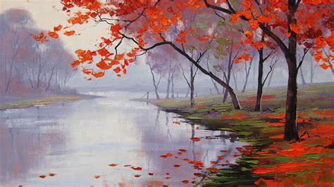 Paintings Nature Trees Autumn Season Leaves Artwork Rivers Wallpaper