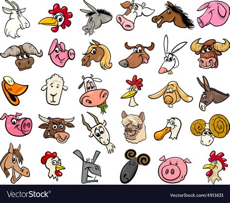 Farm Animals Cartoon Heads Big Set Royalty Free Vector Image