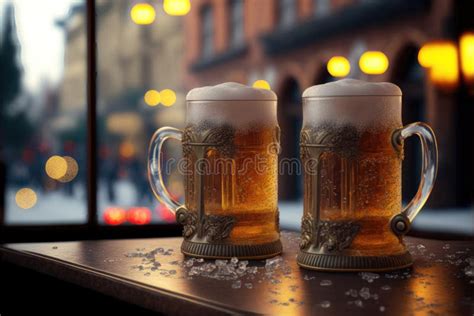 Cheers To Cold Beers Two Frosty Mugs On The Bar Generative Ai Stock