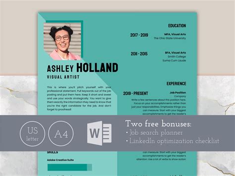 Creative Resume Template Microsoft Word Us Letter And A4 Etsy
