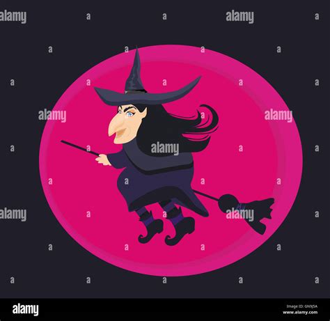 Cartoon Wicked Witch Flying Broomstick Halloween Fear Dark Hi Res Stock