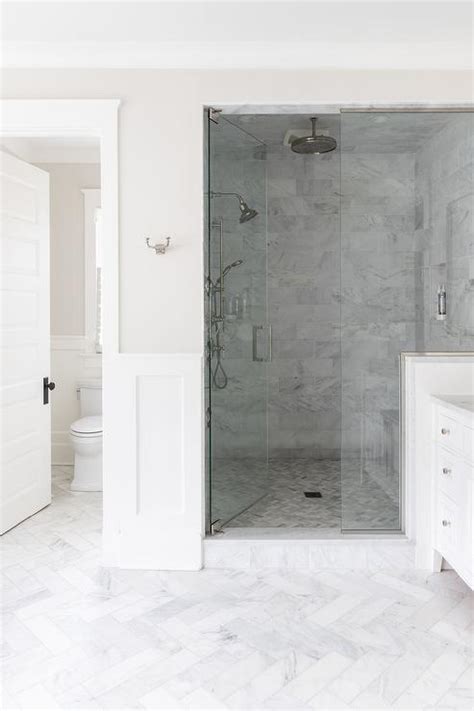 Gray Marble Shower Wall With Gray Marble Herringbone Shower Floor
